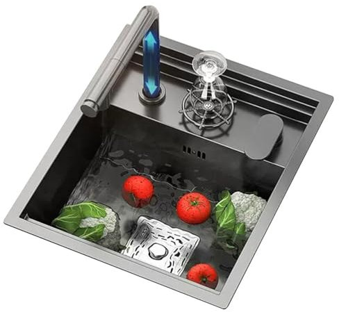 Fregadero Invisible De Cocina Con Tapa Isla Bar Cafetería De Una Sola Ranura Fregadero De Sifón De Acero Inoxidable Con Grifo Extraíble Tazas Lavables