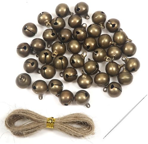 TOAOB 40 Piezas Cascabeles de Bronce Antiguo de 12 mm con Cuerda de Cáñamo de 5 m para Decoración Creativa y Festival Hacer Guirnaldas fabricación de Joyas