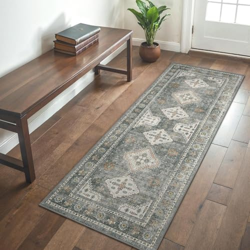 GENIMO Vintage Läufer Flur Teppich 80x150 cm Waschbar Stahlblau Grau