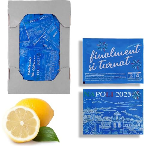 Lot de 100 lingettes jetables Napulé rafraîchissantes au citron, paquets individuels biodégradables pour restaurants bars hôtels événements restaurants, action désinfectante et purifiante pour usage