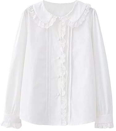 Japanische süße Langarm-Blusen mit niedlichem Bubikragen, Lolita-Bluse, lässig, elegante Blusen, Weiss/opulenter Garten, Klein