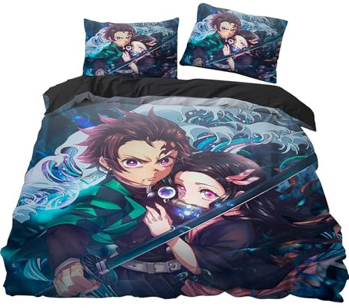 WKxinxuan Demon-Slayer Bettwäsche Demon-Slayer Kissenbezug 135x200, 2pcs Bettwäsche Demon-Slayer Geschenke für Jungen und Mädchen, 100% Baumwolle(135 * 200 Bettwäsche + 80 * 80 Kissenbezug)