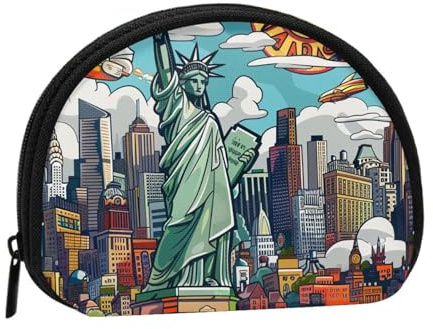 Joli porte-monnaie et mini pochette à changer, dessin animé mignon sur le thème de New York USA Art imprimé petit sac d'argent tendance pochette à monnaie zippée pour femme, noir, taille unique