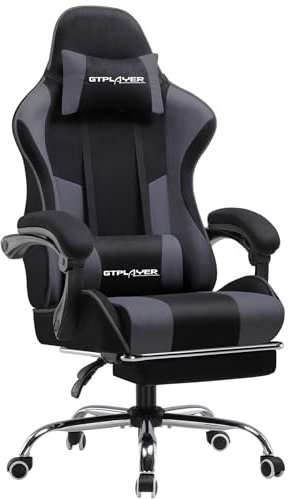 GTPLAYER Fabric Gaming Chair, Massage Ergonomic Computer Chair with Footrest, Lumbar Support, Headrest, Height Adjustable Home Office Reclining PC Racing Chairs, Gray