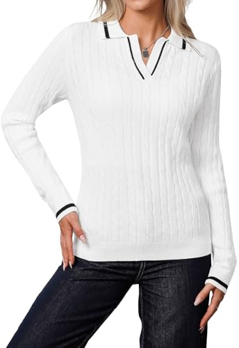 YUNDAI Womens Jumpers Polo Collared V-Neck Long Sleeve Ribbed Knit Contrasting Color Casual Lightweight Slim Fitted Cute Tee Tops Blouse, Large White