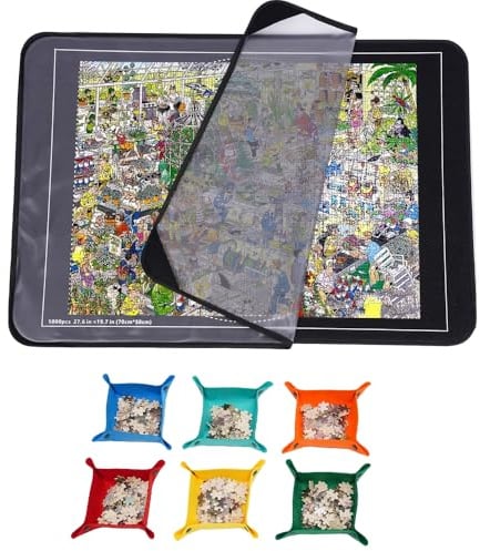 RNPKZ Jigsaw Puzzle Board, 1000 Pieces Foldable Puzzle Mat, Portable Jigsaw Mat with 6 Sorting Trays & Dustproof Cover, Non-Slip Jigsaw Accessories Puzzle Storage Board for All Types of Puzzles(Black)