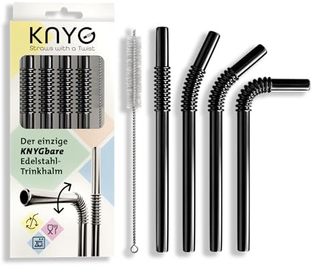 KNYGbare Trinkhalme 22cm SET schwarz, 4 Trinkhalme + 1 Bürste