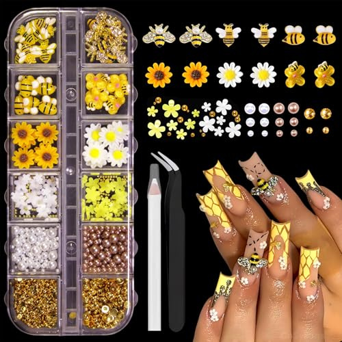 Auroriel 12er Set Bees & Flowers Nail Art Charms, 3D Resin Cartoon Daisies & Sunflowers, Gold-Plated Ridges for Nails, Spring & Autumn DIY Nail Jewelry