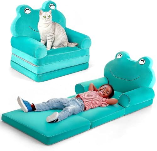 LADIDA Kids Sofa Comfy, Adorable Animal Toddler Chair, Foldable Kids Couch with Removable Washable Cover, Soft & Breathable Fabric, No Assembly Needed, Foldable Baby Sofa(Green Frog)