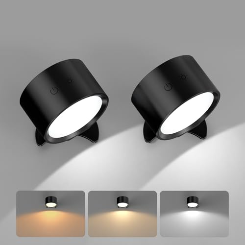 Smiling Shark Kabellose Wandleuchten Innen 2 Stück, USB Wandlampen Akku Aufladbar Dimmbar mit Fernbedienung 360° Drehbare Magnetische Wandlichten Ohne Bohren für Wohnzimmer Schlafzimmer, Schwarz