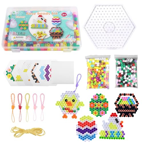 Xbessc 500 Stück Bügelperlen Set Ostern Große 10mm Steckplatten Bügelperlen | XL Steckperlen 13 Farben Maxi 3D Perlenset Geburtstag Geschenk mit Steckplatte Muster Bügelpapier Schlüsselbänder Kordelzug