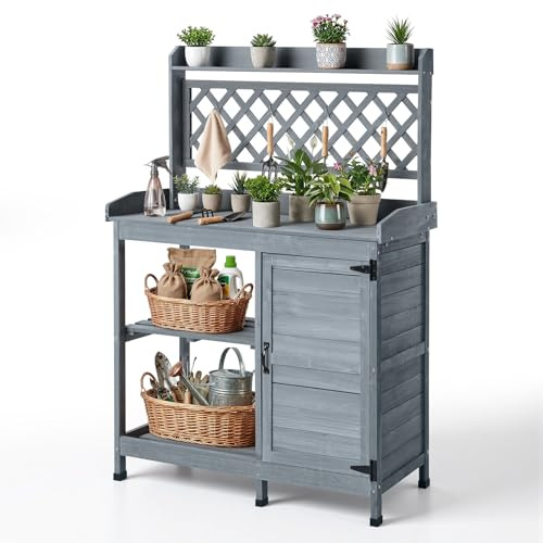 VEVOR Mesa de Jardinería, Banco de Trabajo de Jardín de Madera 110 x 46 x 147 cm con Tablero de Madera de Abeto, Estante Superior, Cajón, Armario, Ganchos para Patio Exterior Almacenamiento Macetas