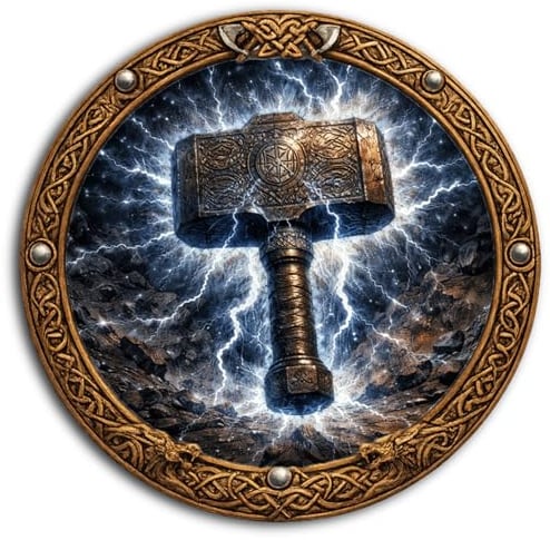 DARO Design - Viking Wandbilder Rund Ø 20 cm - Mjölnir Thors Hammer – Nordische Mythologie & Mystic Motiv - Als Wandbild oder Aufsteller – Inkl. Wandhaken & Ständer Aufsteller