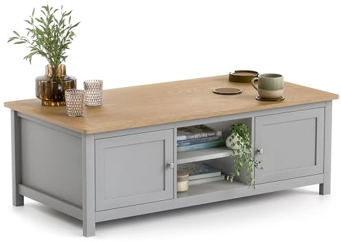 CHRISTOW Coffee Table, 2 Cupboards & 2 Shelves, Grey | Modern Living Room Table, Oak-Effect Top, 2 Open Shelves, 2 Storage Cupboards, Durable MDF, H40cm x W115cm x D60cm
