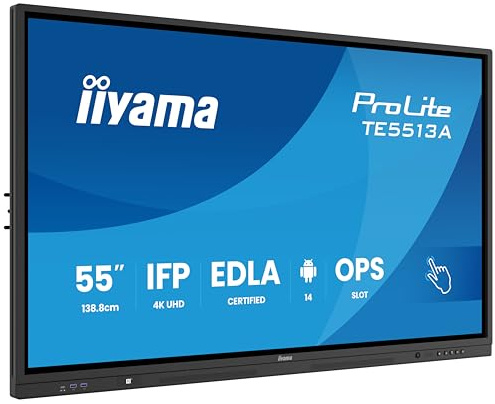 iiyama Prolite TE5513A-B2AG 138.8cm 55 IPS LED interaktives Display 4K UHD 40 Touchpunkte PureTouch-IR⁺ HDMI DP USB-C DP-Alt USB2.0/3.2 RJ45 WiFi OPS Android 14 Google EDLA PIR NFC AntiGlare 7H 24/7