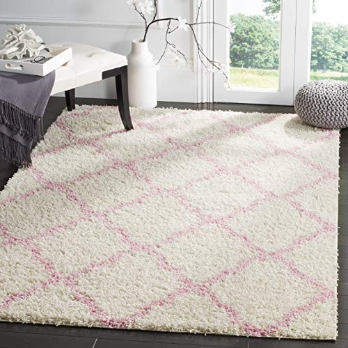 SAFAVIEH Zottelig Teppich für Wohnzimmer, Esszimmer, Schlafzimmer - Dallas Shag Collection, Hoher Flor, Elfenbein und Hellrosa, 122 X 183 cm