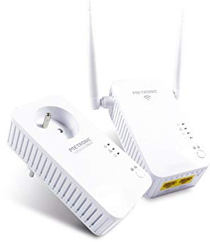 Metronic 495435 - 2 adaptadores de comunicación por línea eléctrica (adaptador corriente enchufe PLC 600Mbps + repetidor extender wifi amplificador de red wifi 300Mbps, 2 puertos ethernet)