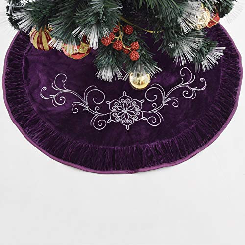 Gireshome Violette Samt-Blume bestickt in der Mitte, plissierter luxuriöser Samt-Bordüre, Weihnachtsbaumrock, Weihnachten, Feiertage, Party-Dekorationen – 91,4 cm
