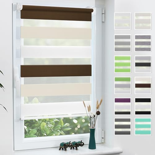 Grandekor Doppelrollo Klemmfix ohne Bohren 90x120 cm (Stoffbreite 90 cm) | Weiß-Beige-Braun Fenster Rollos für innen Klemmrollos Duo Rollo Sichtschutz Hitzeschutz feuchtbeständig einfache Montage