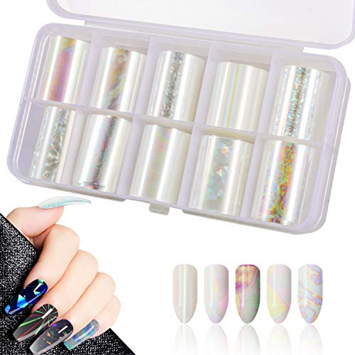 MWOOT 10 Rolls White Pearl Color Holographic Nail Art Foil Sticker, Nail Transfer Aufkleber Sternenhimmel Nail Wraps Transfer Aufkleber Kit Nagelfolie Transfer (0.98inchs39.37inchs/2.5cm100cm)