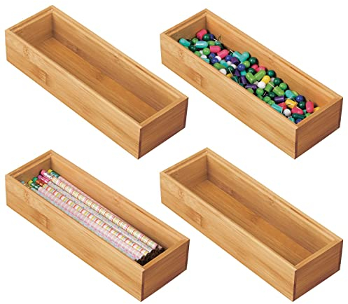 mDesgn 4er-Set Aufbewahrungsbox für Schreibtisch und Schublade – rechteckige Schubladenbox aus Bambus – hochwertiger Schreibtisch Organizer für Bürobedarf und Bastelsachen – naturfarben