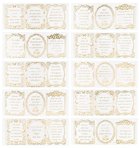 Ideen mit Herz Gravur-Sticker, transparent/gold, 10 Bogen à 10 x 23 cm | Goldene Aufkleber zum Basteln & Dekorieren | Geburtstag, Weihnachten, Rente & mehr (Lebenssprüche)