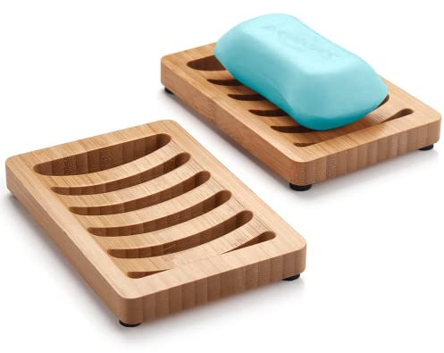 AmazerBath Soap Holder, Bamboo Soap Dish, Wooden Soap Holder Soap Dish, 2 Pack Bamboo Soap Holder, Soap Dishes for Bar Soap, Wooden Soap Tray, Kitchen Soap Tray Self Draining (Wooden Color)