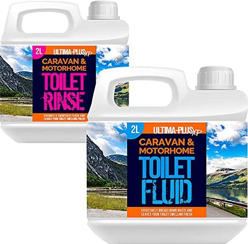 Ultima-Plus XP Caravan Blue Toilet Fluid 2L and Pink Toilet Rinse Fluid Solution Cleaner 2L for Caravan and Motorhomes - Eco-Friendly, Formaldehyde Free - Up to 20 Treatments Each