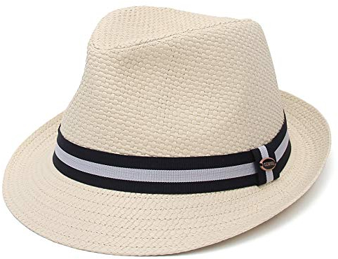 EOZY Chapeau Panama Homme/Femme Chapeau Paille Solaire Anti-UV Vintage Voyage Été Chapeau de Jazz Léger Décoré Ruban Rayure 56-58cm (Beige)