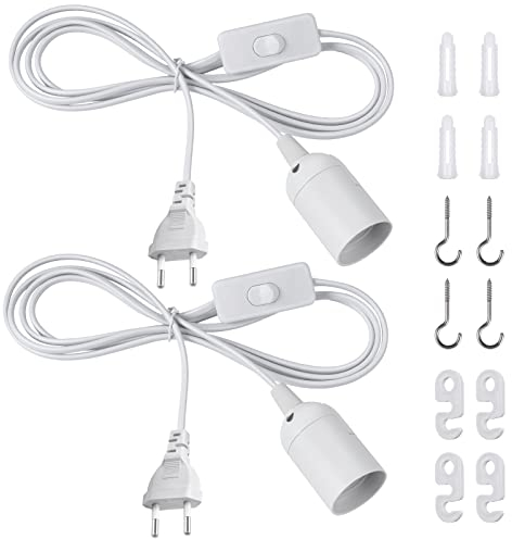 DiCUNO Douille E27 avec fil, Support de lampe suspendue E27 avec bouton Marche/Arrêt pour le plafonnier, la chambre et la cuisine, Blanc, 0-250V, 4A, 2M, 2 Piecès