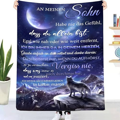 Kuscheldecke Personalisierte Decke An Meine Sohn,Mutter für Sohn Deutsche Nachricht Briefdecke Positiv Ermutigen Wohndecke für Couch Bett Tv-Decken Geschenk(Mutter zu Sohn E,150×220cm)