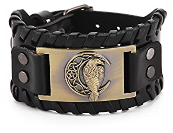 TEAMER Wikinger Odins Rabe Lederarmband für Männer Schwarz Braun Wickelgürtel Krähenarmbänder Nordischer Keltischer Pagan Amulett Schmuck (Stil 2 Antike Bronze)