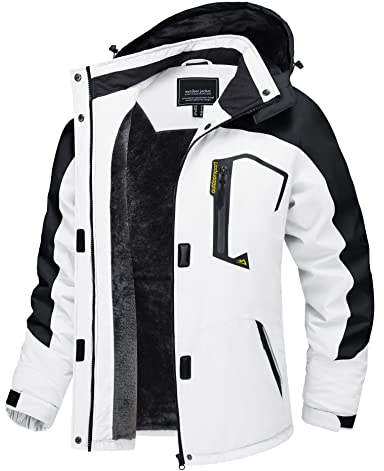 TACVASEN Dame Snowboardjacke Winter Wandern Übergangsjacke Arbeitsjacke Hiking Outdoor Jacken Gefüttert mit Kapuze und Taschen, Weiß-schwarz, L