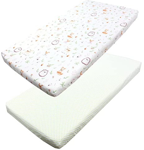 TupTam Baby Spannbettlaken Kinder Spannbetttuch für Babybett Kinderbett 2er Pack, Farbe: Lichtung/Tupfen Grün, Größe: 90 x 200 cm