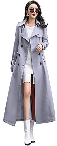 ebossy Women's Double Breasted Duster Trench Coat Slim Full Length Maxi Long Overcoat, Grey, XL