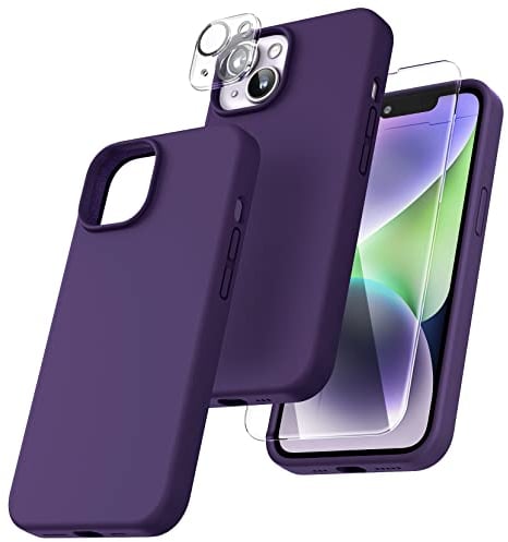 TOCOL 【5 in 1 Cover iPhone 14, 2 Pellicola Vetro Temperato + 2 Pellicola Fotocamera, Custodia iPhone 14 Silicone Liquido Antiurto 360 Gradi Protezione Case - Viola Scuro