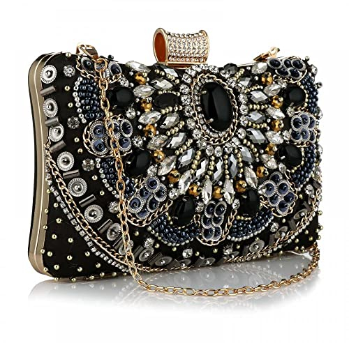 Milky Way Damen-Clutch mit Perlen, für Party, Abschlussball, Abend, Hochzeit, Umhängetasche, Umhängetasche mit Kettenriemen, Abendhandtasche, Schwarz , Einheitsgröße