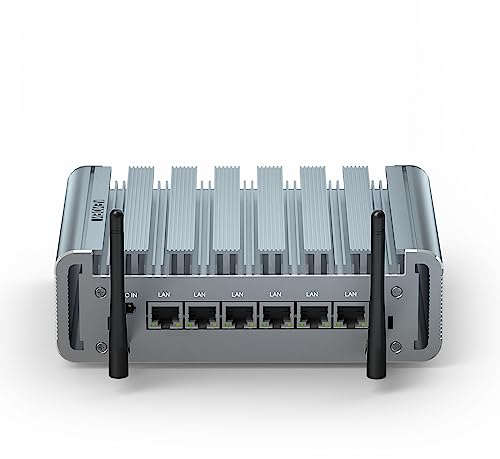 VENOEN Lüfterloser Mini-PC 2,5 Gbe 6 LAN Port, Firewall-Netzwerk-Router-Appliance, i225 NICs, Celeron J4125, 8GB RAM 128GB SSD, HD, COM, USB3.0, WiFi, Kleiner Computer, Auto Power On, W 10 Pro/Linux