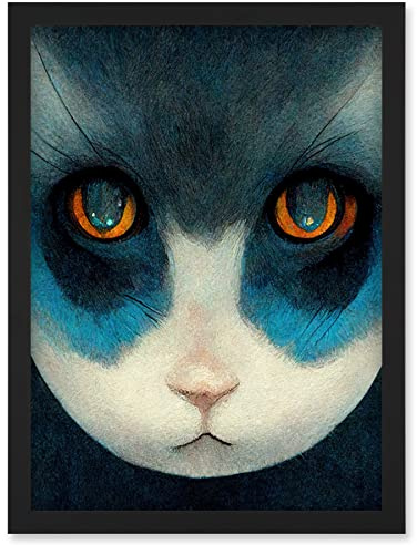 Doppelganger33 LTD Nihonga Style Japanese Cat Blue Artwork Framed Wall Art Print A4