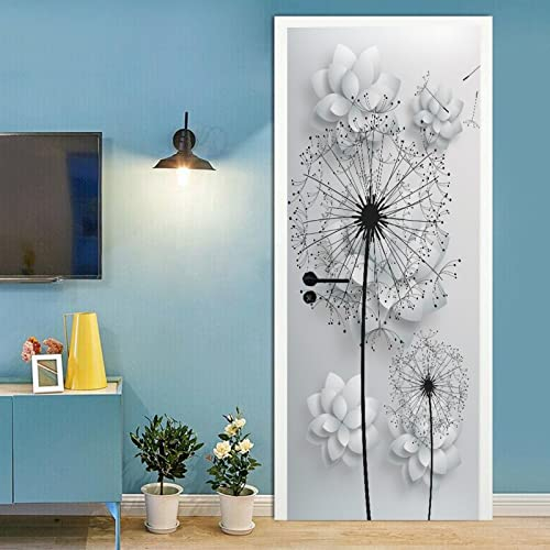 A.Monamour Türtapete Selbstklebend Türfolie Türposter 3D Schwarzer Löwenzahn Und Weiße Blumen Moderner Abstrakter Hintergrund Vinyl Folie Türdeko Tapete Wandbild Türaufkleber Türtattoo 77x200cm