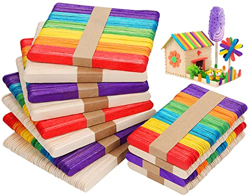 Mbsomnus 600pcs Batonnet en Bois, BâTons de Glace en Bois Bricolage, Artisanat Naturel Baguette Bois pour Loisirs CréAtif, Spatule Bois Epilation, Glace, Jardin (Naturel & Coloré)