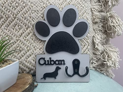 MadeAt94 Personalised Grey and Black Paw Print Dog Lead Hanger Holder Best Gift for Dog Lover