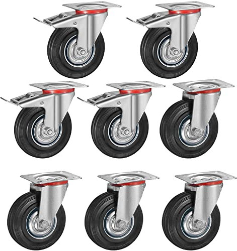 8 Stück Schwerlastrollen 125 mm Lenkrollen Transportrollen mit Feststeller, belastbar bis 400 kg Palettenrollen, Möbelrollen 360° schwenkbar geräuschlos (4 Bremsrollen, 4 Lenkrollen)