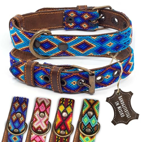 ALTEZAR Lederhalsband Hund - Tribal Bestickt Blau Braun - Hundehalsband handgemacht in Mexiko - Dornschnalle 5-Fach verstellbar - Größe S Halsumfang 27-34 cm - für kleine Hunde