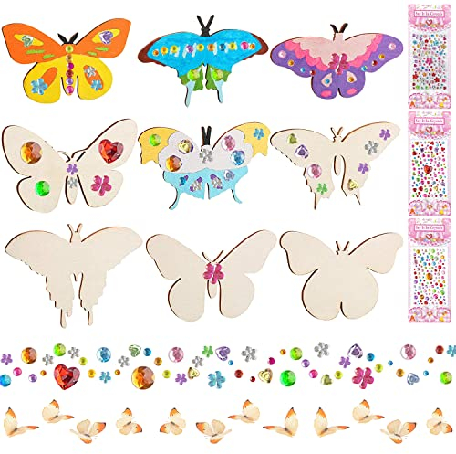 B-089 48pcs Holz Schmetterling Basteln Kinder, Basteln Kindergeburtstag Holz Schmetterlinge mit Kristall Aufkleber, DIY Basteln Frühling Holz Schmetterling Sets für Streudeko Holz, Kreative Malerei