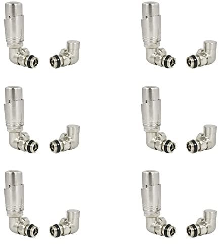 Hot Flow Satin Nickel (Pack of 6) Cascade Corner Modern TRV Thermostatic Radiator Valve (Pair) Includes A Corner TRV Body & One Lock Shield. for Quick & Easy Temperature Control.