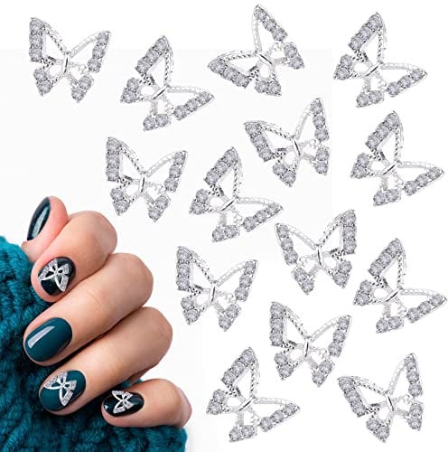 SAVITA 30pcs 3D Butterfly Nail Charms, Alloy with Rhinestones, Silver, Butterfly Shape, Nail Charms