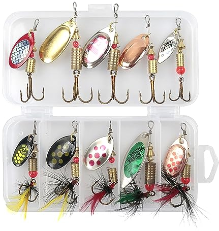 Fhioevt 10 pièces Leurre Peche Carnassier Peche Carnassiers Cuillere Peche en Métal Leurres de Pêche Leurre de Peche Spinnerbait avec Boîte de Rangement pour Eau de Mer d’Eau Douce Pêche