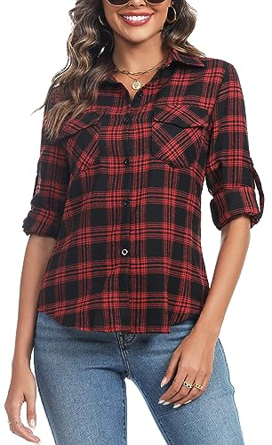 Irevial Damen Kariertes Bluse Casual Karohemd Button-down Langarmshirt Boyfriend-Stil Baumwolle Hemdbluse Plaid Shirt für Frühling und Herbst Rot L