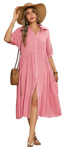 R.Vivimos Chemise Robe Femmes Longue Chic Elegant d'été plissée superposée Robe Midi à Manches mi-Longues et boutonnée(XL,Rose)